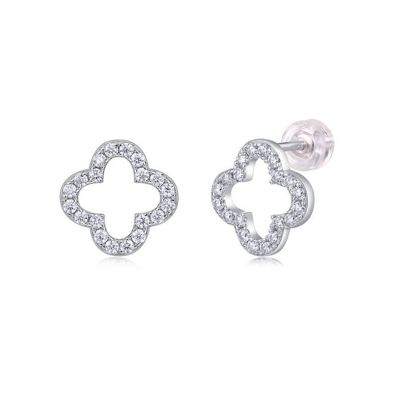E13236款S925银镀18K白金Moissanite四叶草Stud Earring0.6ct