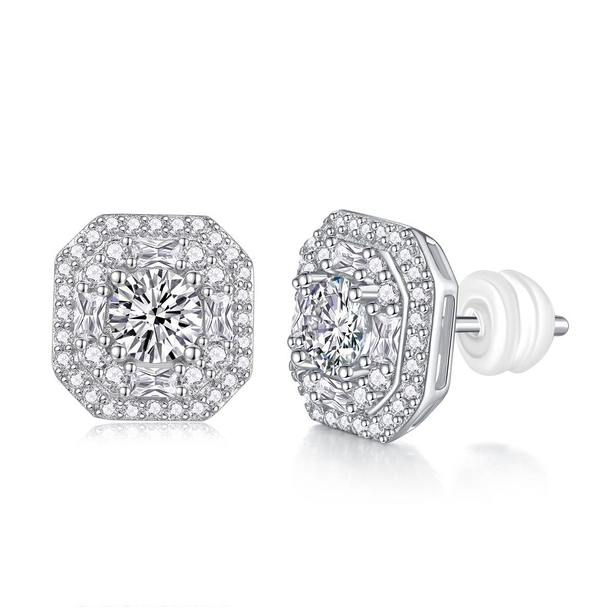 E13514款S925银镀18K白金MoissaniteStud Earring1.0ct