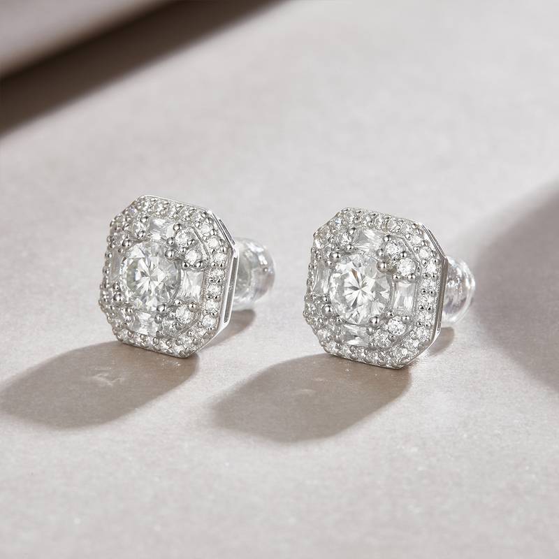 E13514款S925银镀18K白金MoissaniteStud Earring1.0ct