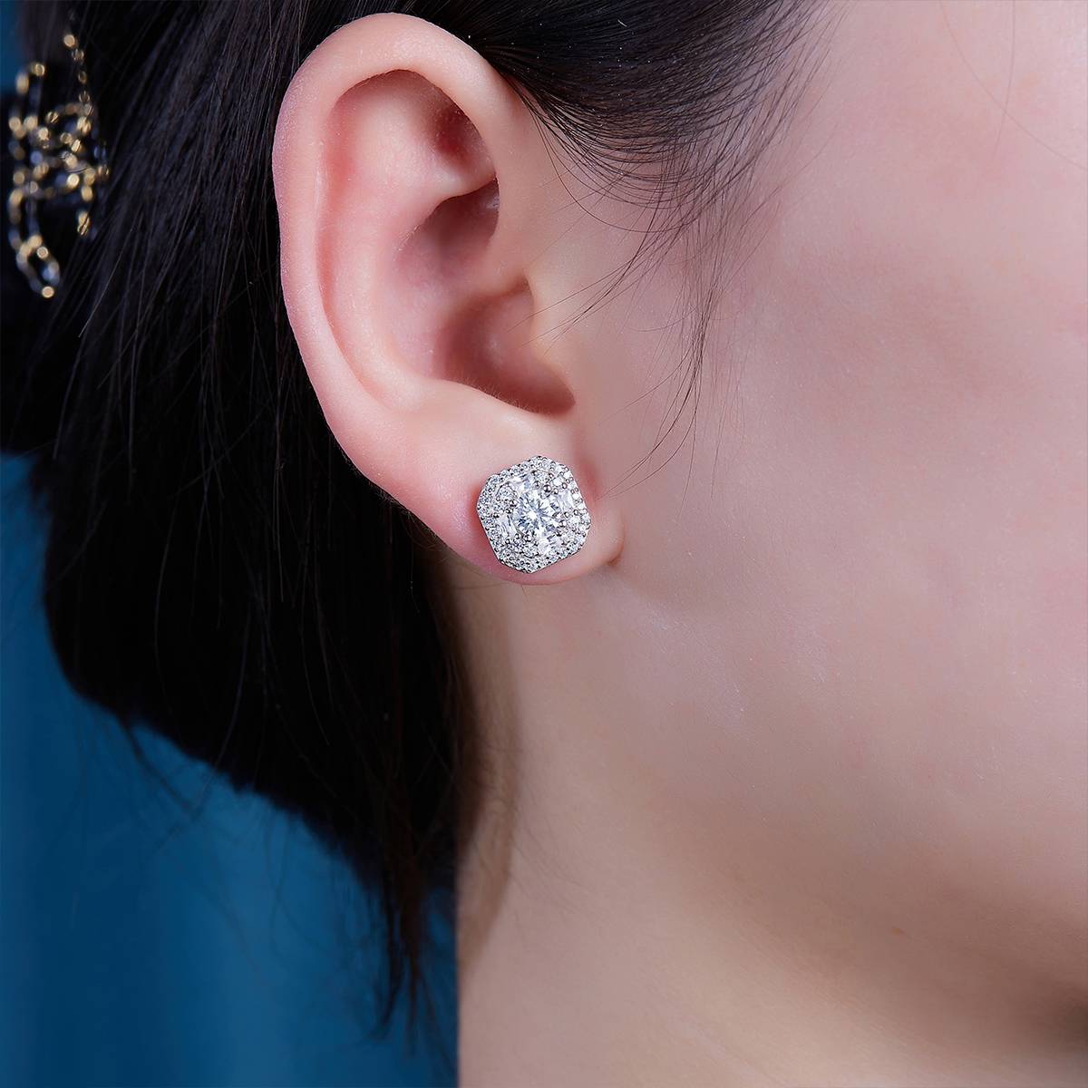E13514款S925银镀18K白金MoissaniteStud Earring1.0ct