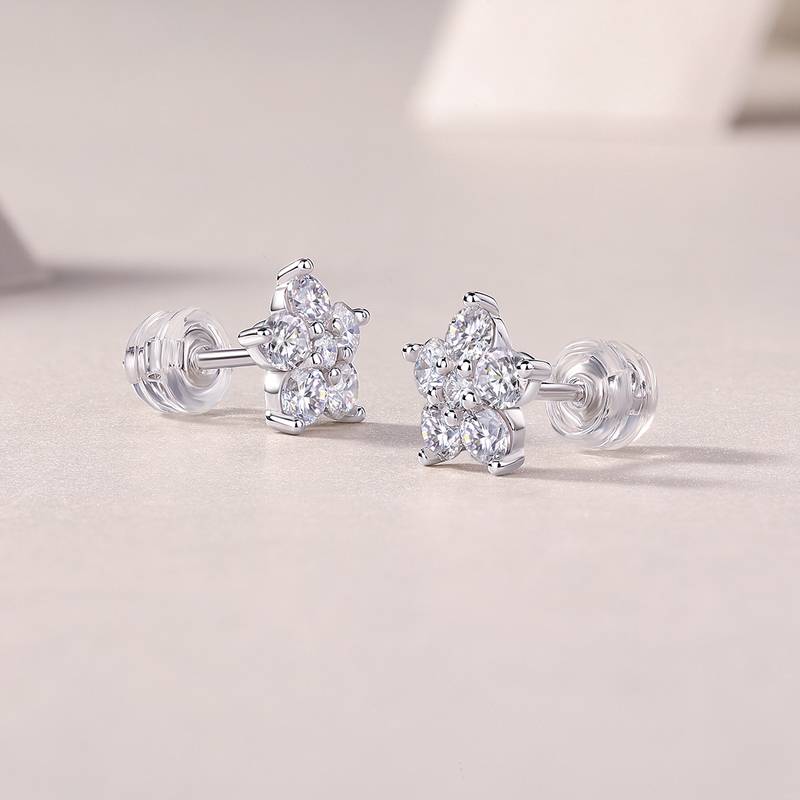 E13602款S925银镀18K白金花瓣Stud EarringMoissanite1.06ct