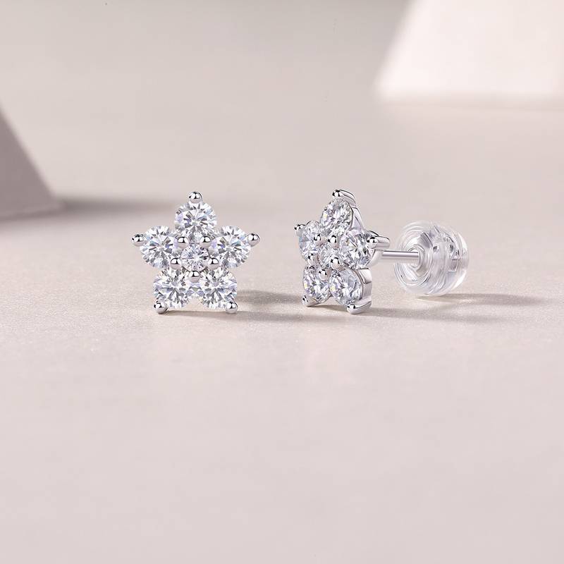 E13602款S925银镀18K白金花瓣Stud EarringMoissanite1.06ct