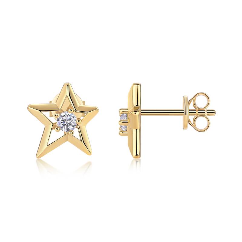 E14903款S925银镀18K黄金星星Stud EarringMoissanite0.2ct