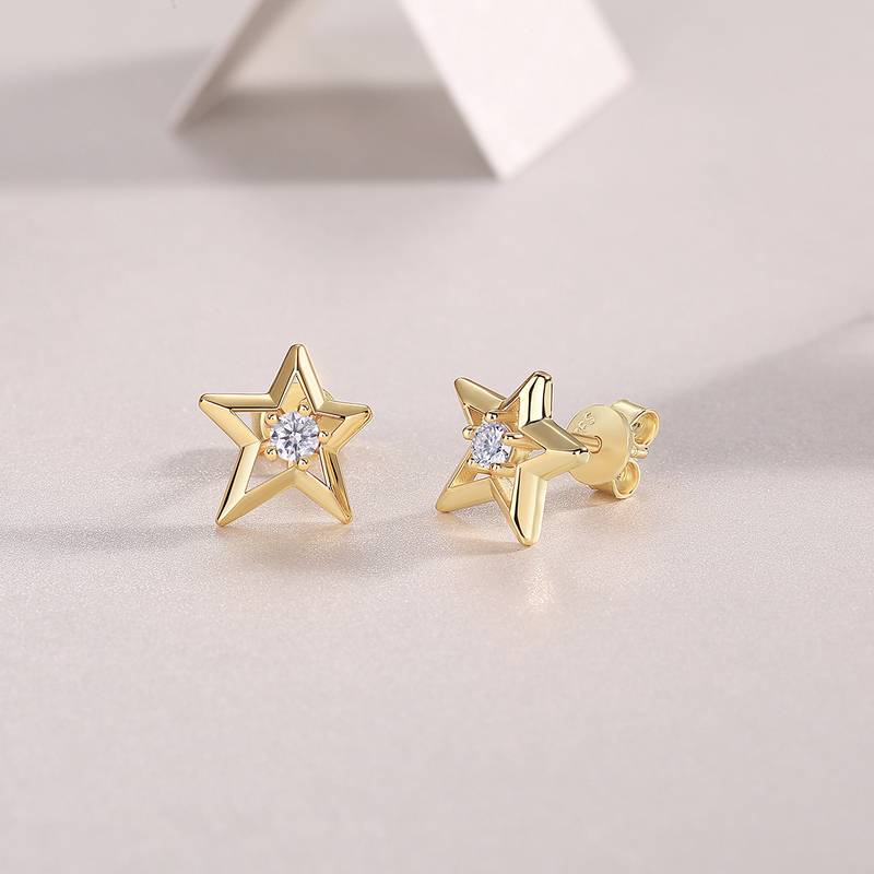 E14903款S925银镀18K黄金星星Stud EarringMoissanite0.2ct