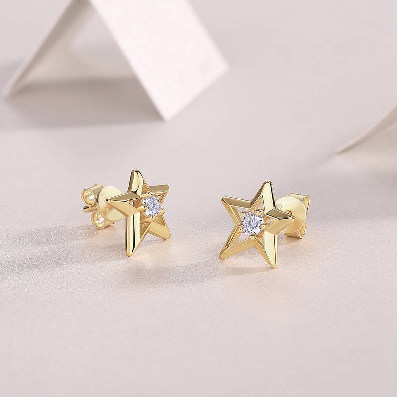 E14903款S925银镀18K黄金星星Stud EarringMoissanite0.2ct