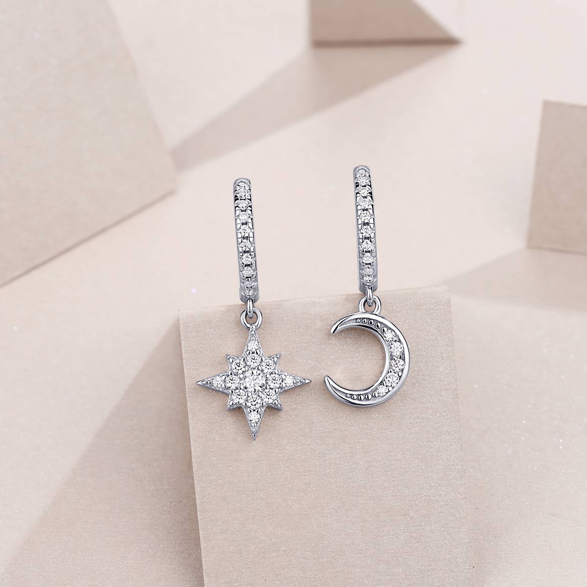 E13892款S925银镀18K白金Moissanite星月耳环0.4ct