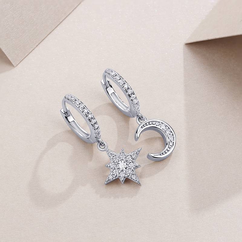 E13892款S925银镀18K白金Moissanite星月耳环0.4ct