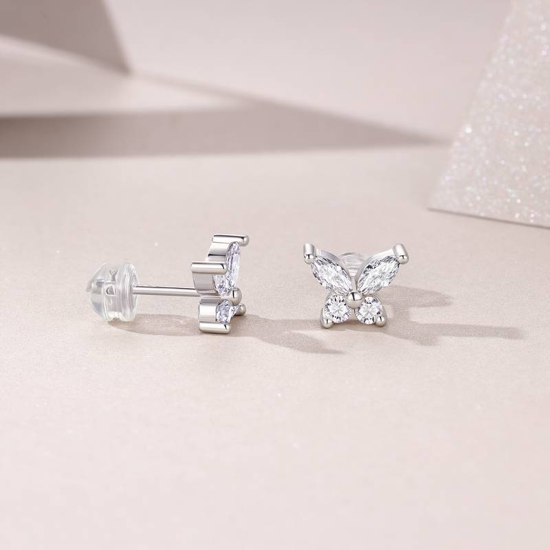 E13855款S925银镀18K白金Moissanite蝴蝶Stud Earring0.73ct