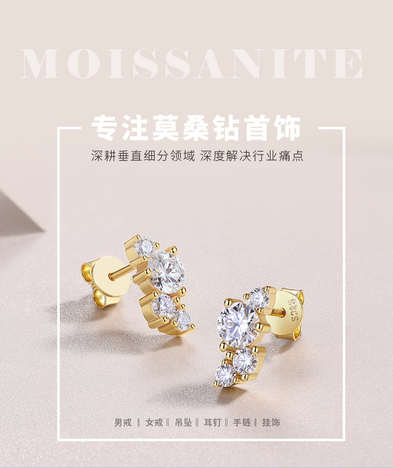 E15154款S925银镀18K黄金耳钉圆形莫桑钻1.44CT - 1