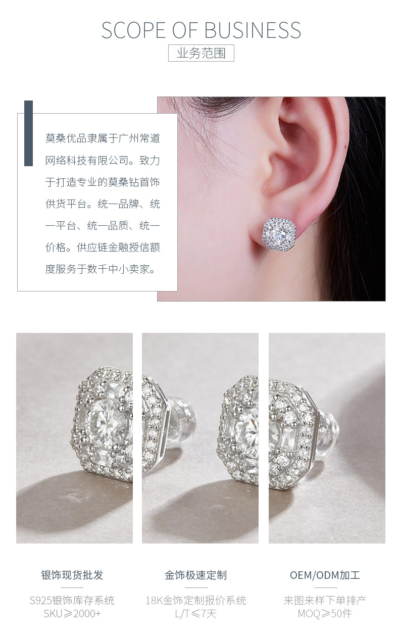 E13514款S925银镀18K白金莫桑钻耳钉1.0CT - 3