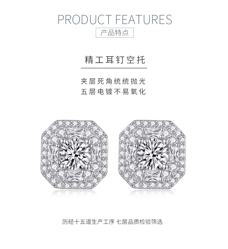 E13514款S925银镀18K白金莫桑钻耳钉1.0CT - 5