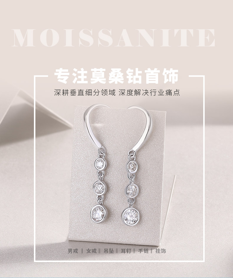 E13641款S925银镀18K白金3石款耳环莫桑钻0.92CT - 1
