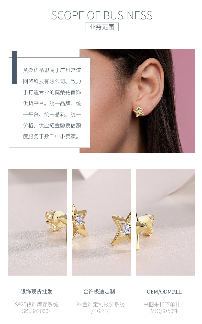 E14903款S925银镀18K黄金星星耳钉莫桑钻0.2CT - 3
