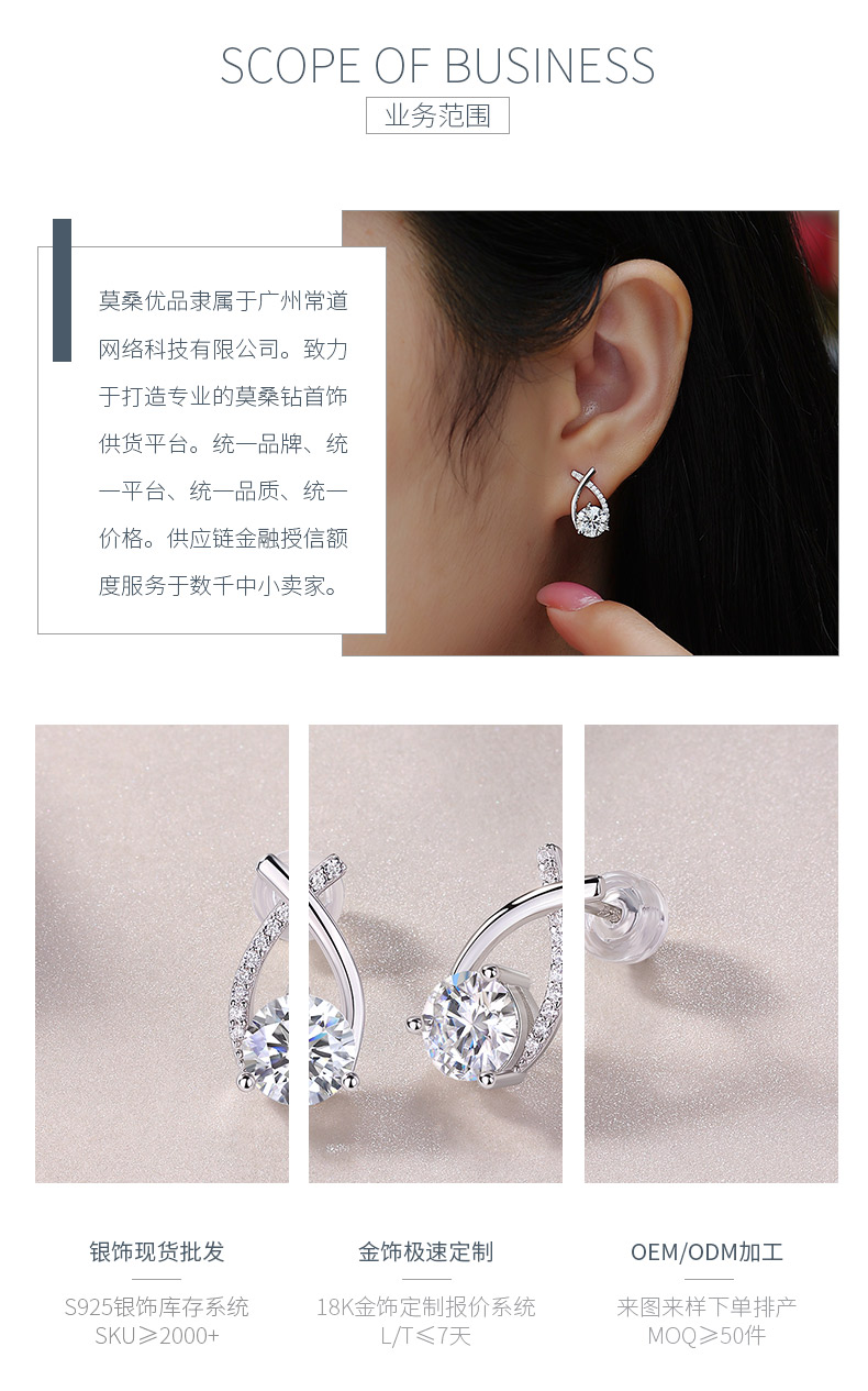 E13569款S925银镀18K白金莫桑钻耳钉1.0ct*2 - 3