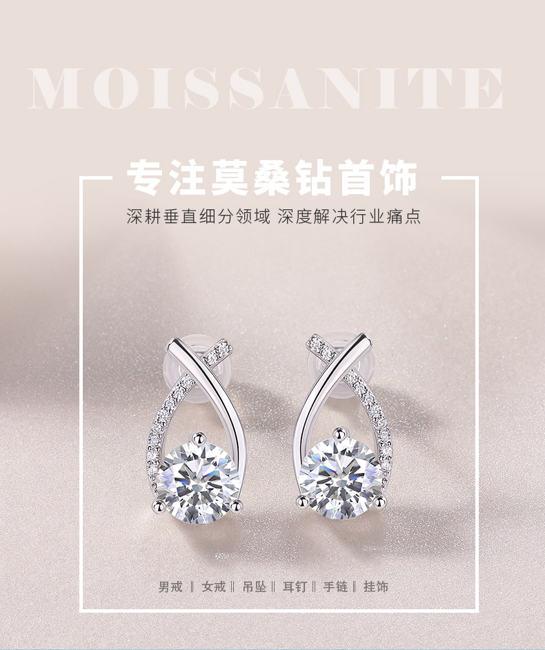 E13569款S925银镀18K白金莫桑钻耳钉1.0ct*2 - 1