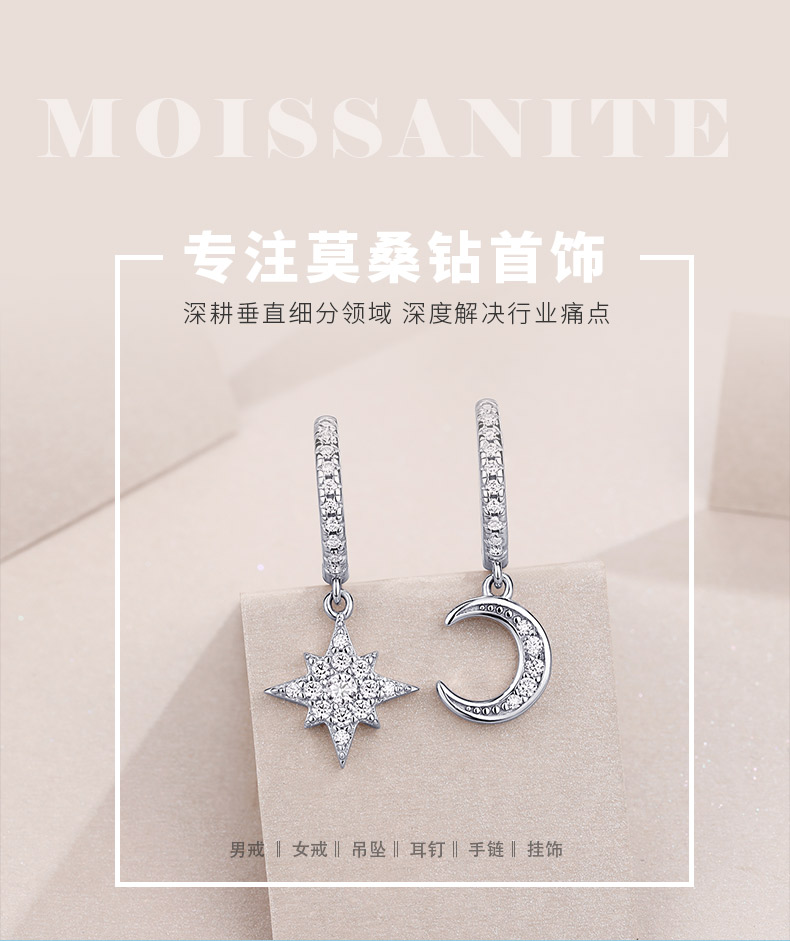 E13892款S925银镀18K白金莫桑钻星月耳环0.4ct - 1
