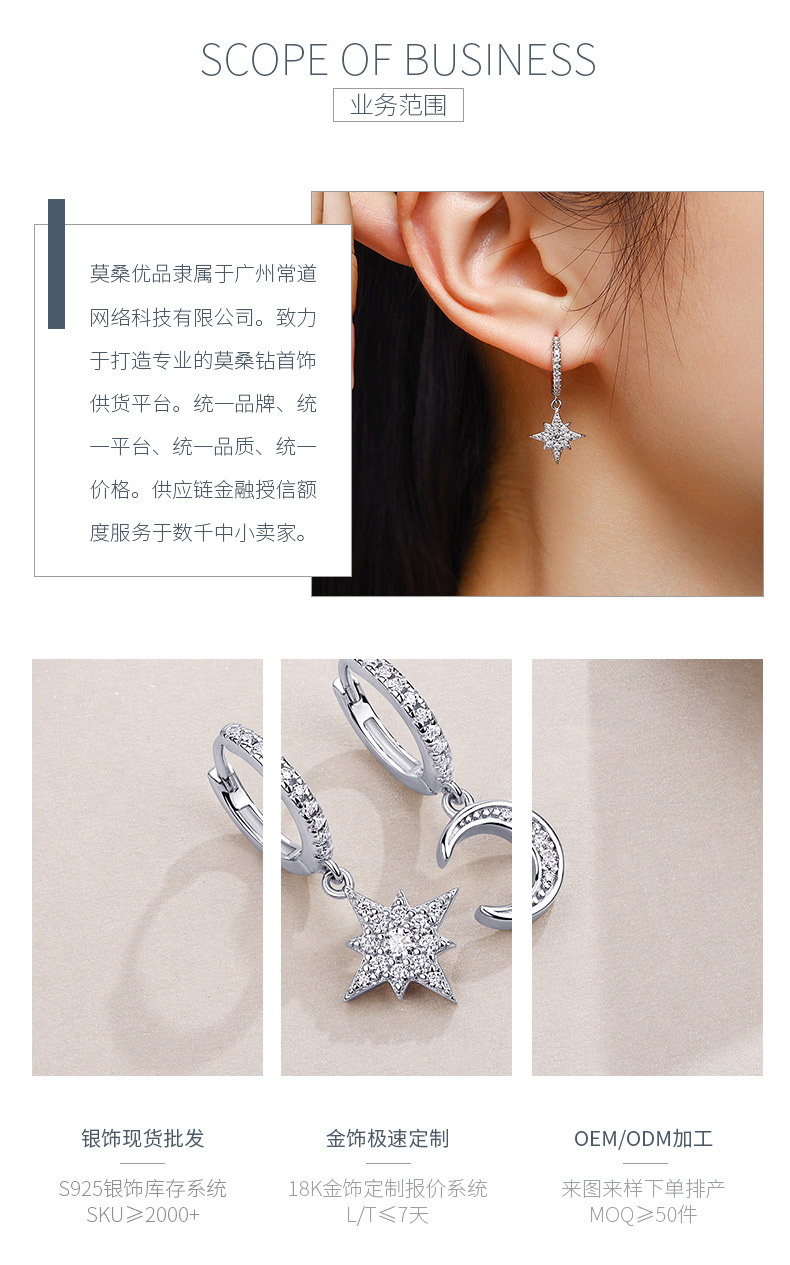 E13892款S925银镀18K白金莫桑钻星月耳环0.4ct - 3