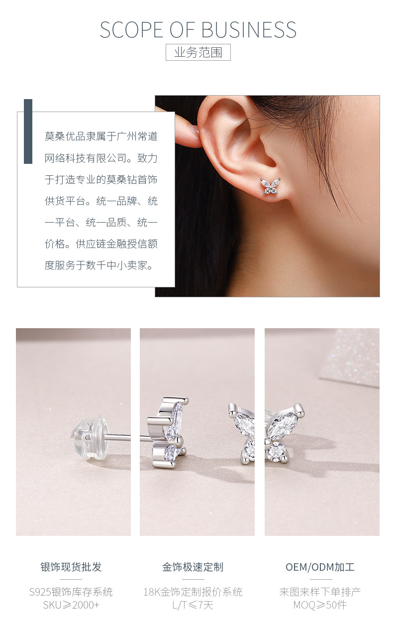 E13855款S925银镀18K白金莫桑钻蝴蝶耳钉0.73CT - 3