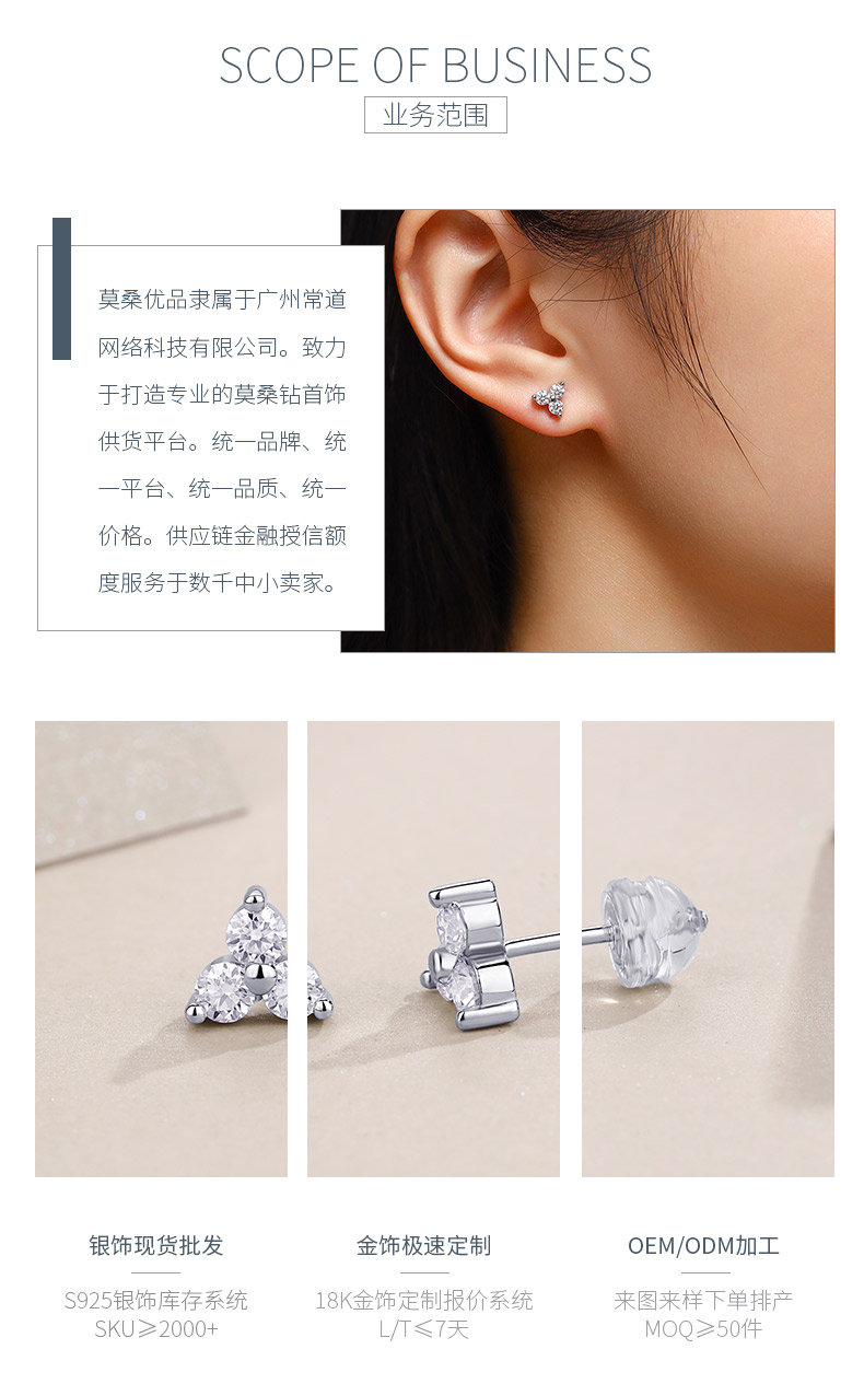E13859款S925银镀18K白金莫桑钻小花耳钉0.6CT - 3