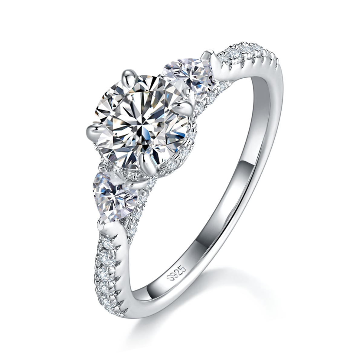 Three Stone Four Claw Round Diamond Women's Ring S925 Silver Plated Platinum Customized Selection Main Stone Moissanite Diamond 1.0ct/Secondary Stone High Carbon Diamond