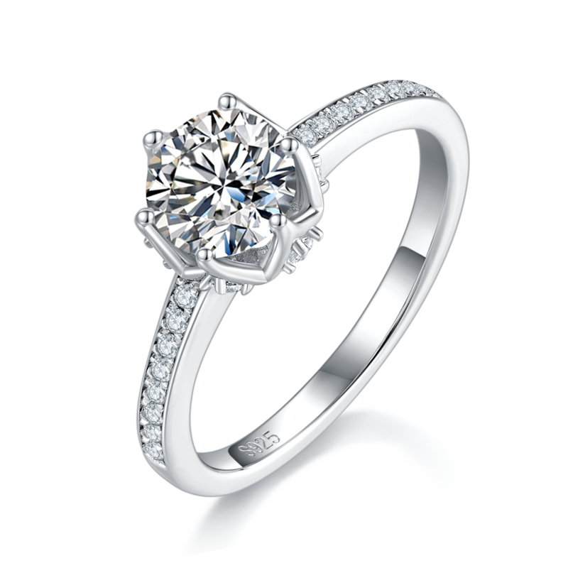 微镶六爪Women's RingS925银镀白金定制选款主石Moissanite1.0ct/副石高碳钻