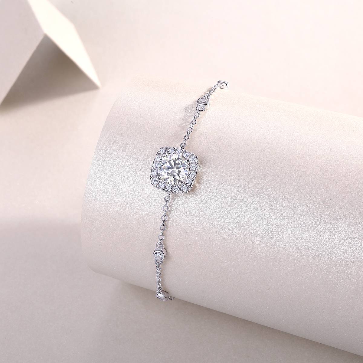 L13465款S925银镀18K白金圆形MoissaniteBracelet1.0ct