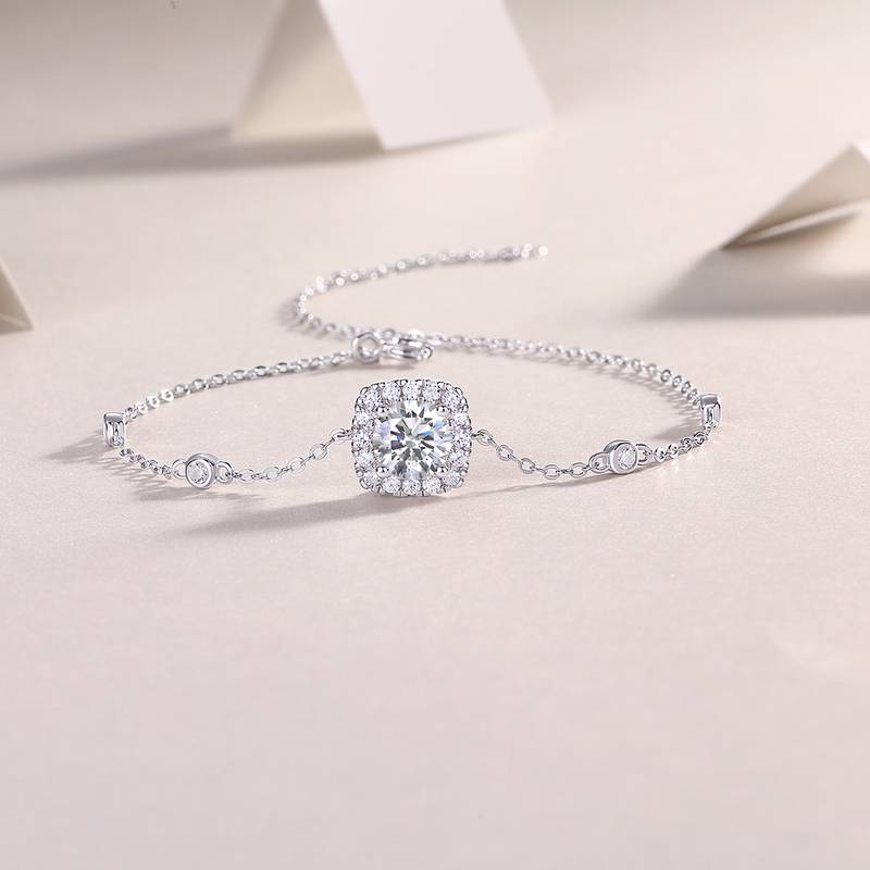 L13465款S925银镀18K白金圆形MoissaniteBracelet1.0ct