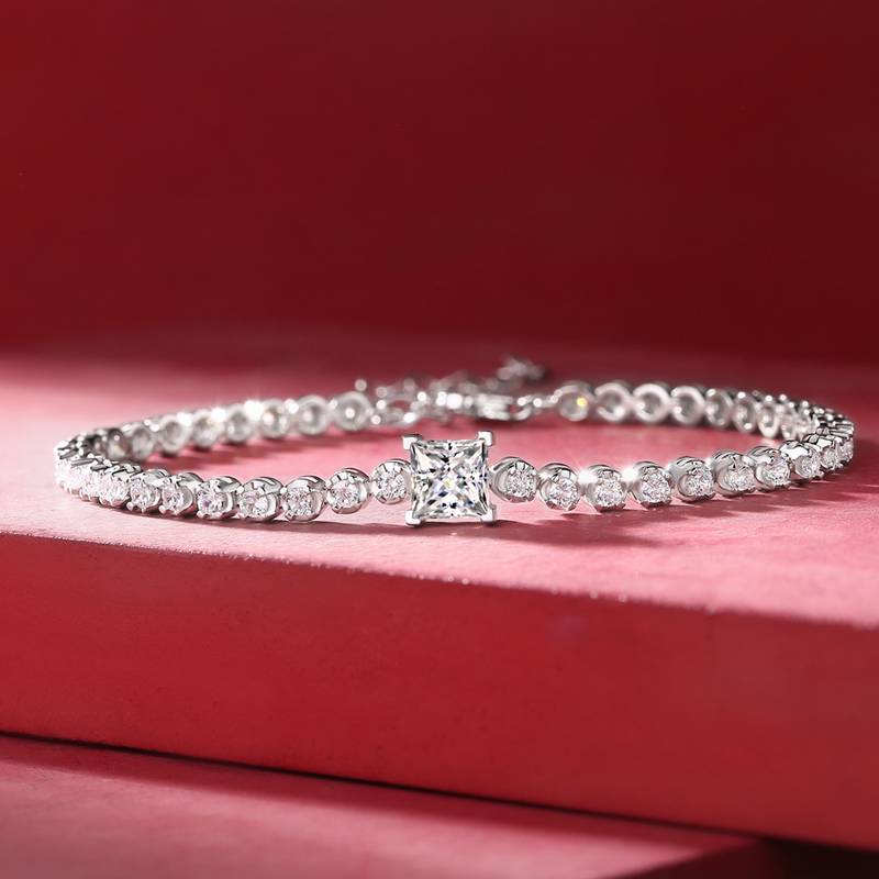 L13339款S925银镀18K白金MoissaniteBracelet公主方1.0ct