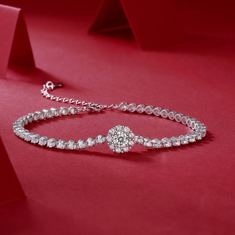 L12876款S925银镀18K白金Bracelet圆形Moissanite主石0.5ct