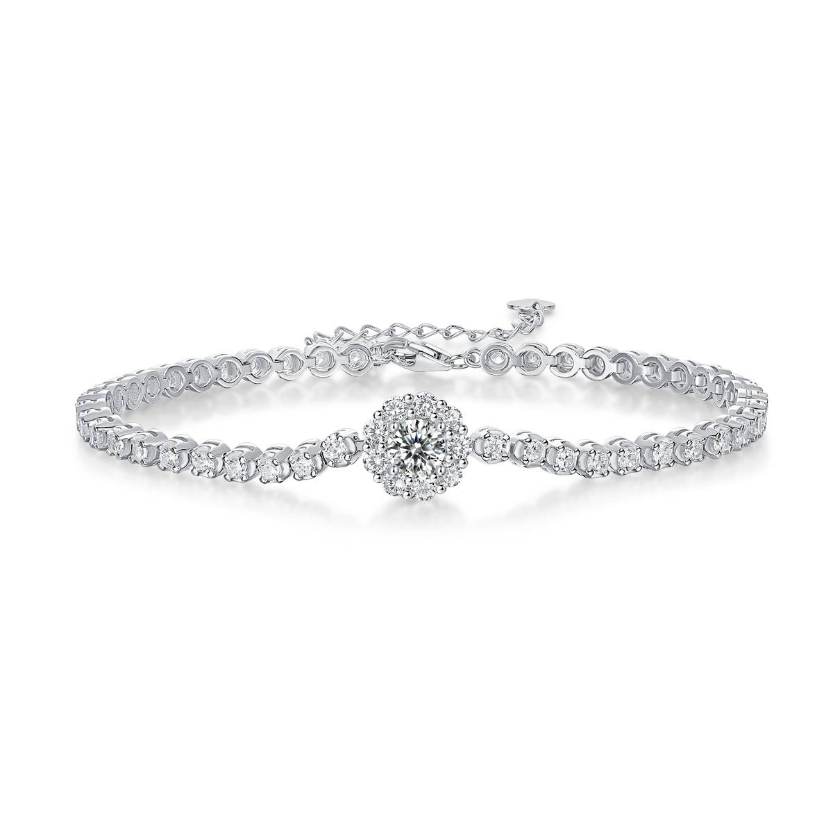 L12876款S925银镀18K白金手链圆形莫桑钻主石0.5CT