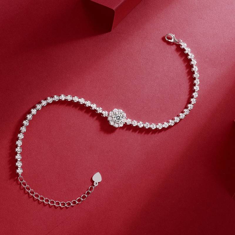 L12876款S925银镀18K白金Bracelet圆形Moissanite主石0.5ct