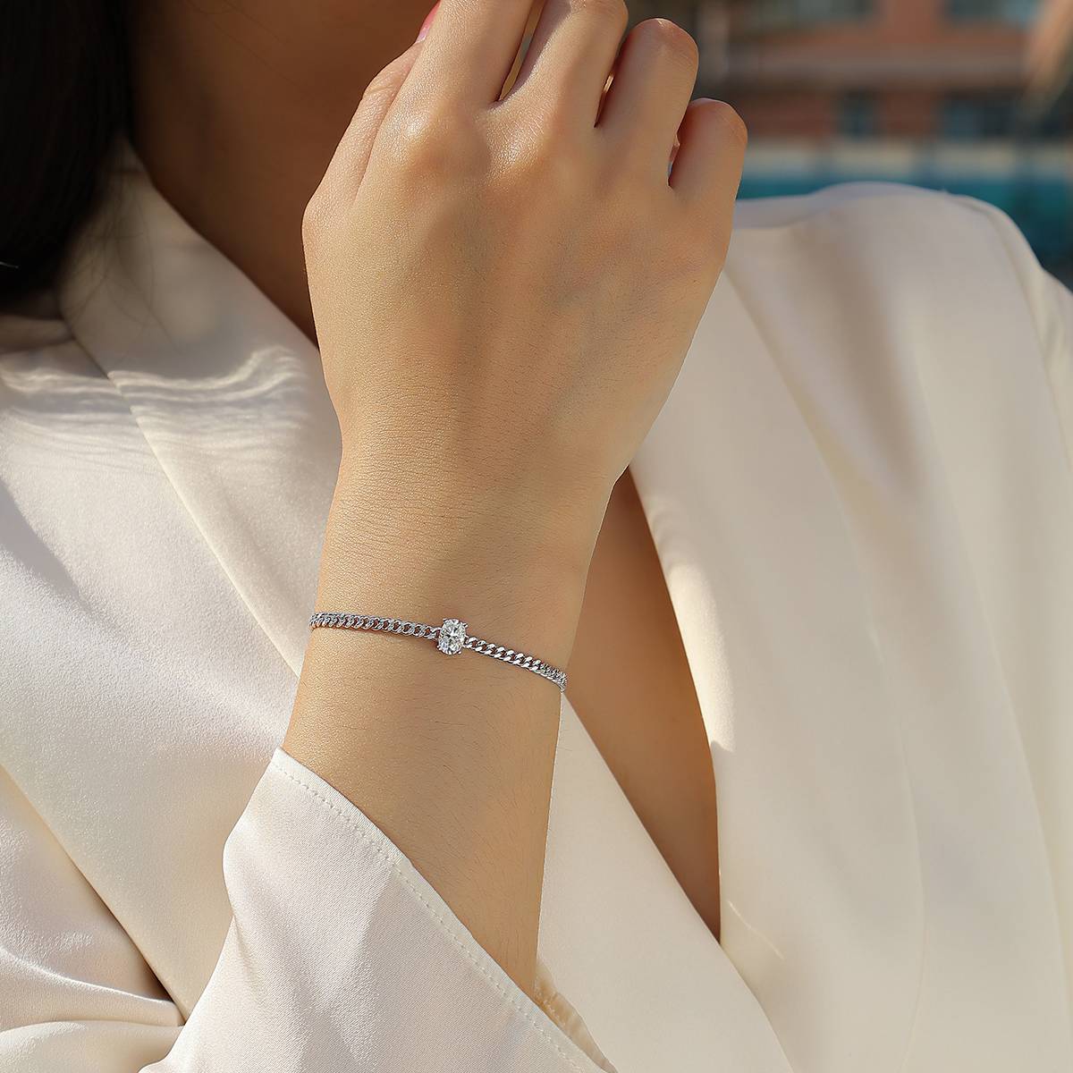 L13114款S925银镀18K白金蛋形Moissanite古巴Bracelet1.0ct