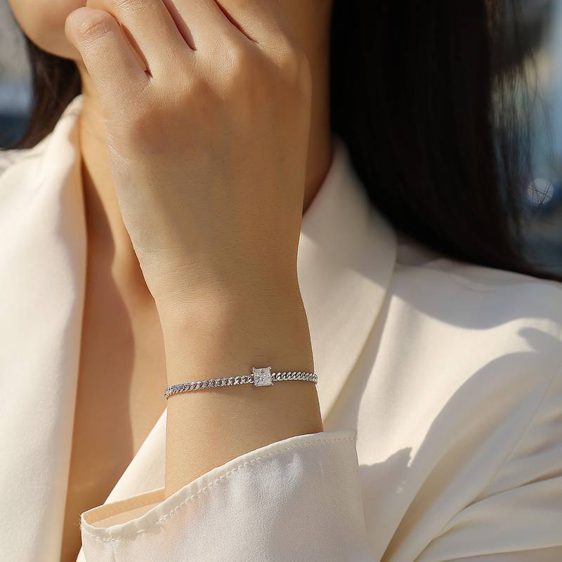 L13115款S925银镀18K白金公主方Moissanite古巴Bracelet1.0ct
