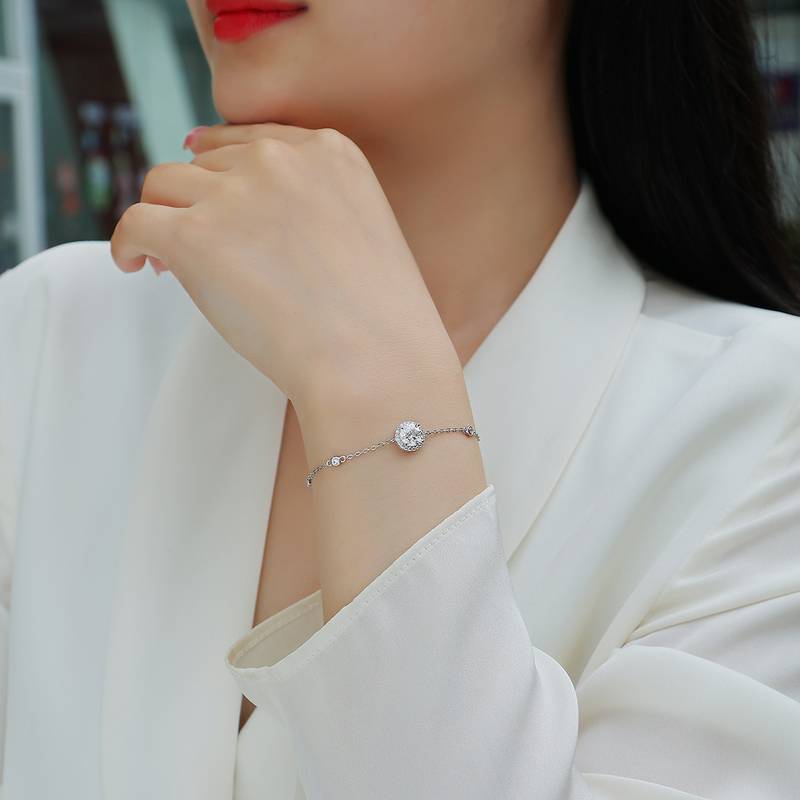 L13513款S925银镀18K白金圆形MoissaniteBracelet1.0ct