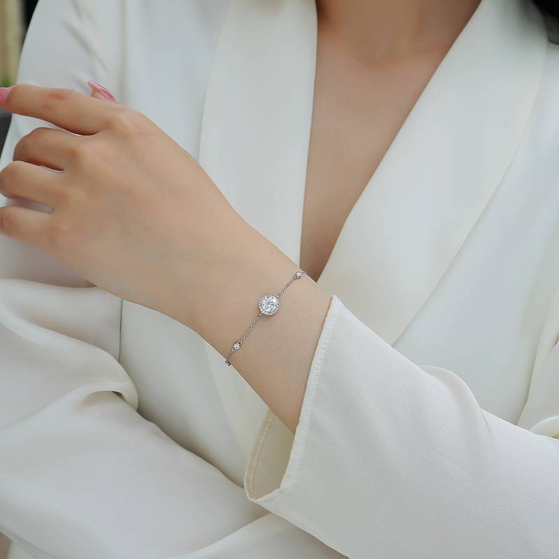 L13513款S925银镀18K白金圆形MoissaniteBracelet1.0ct