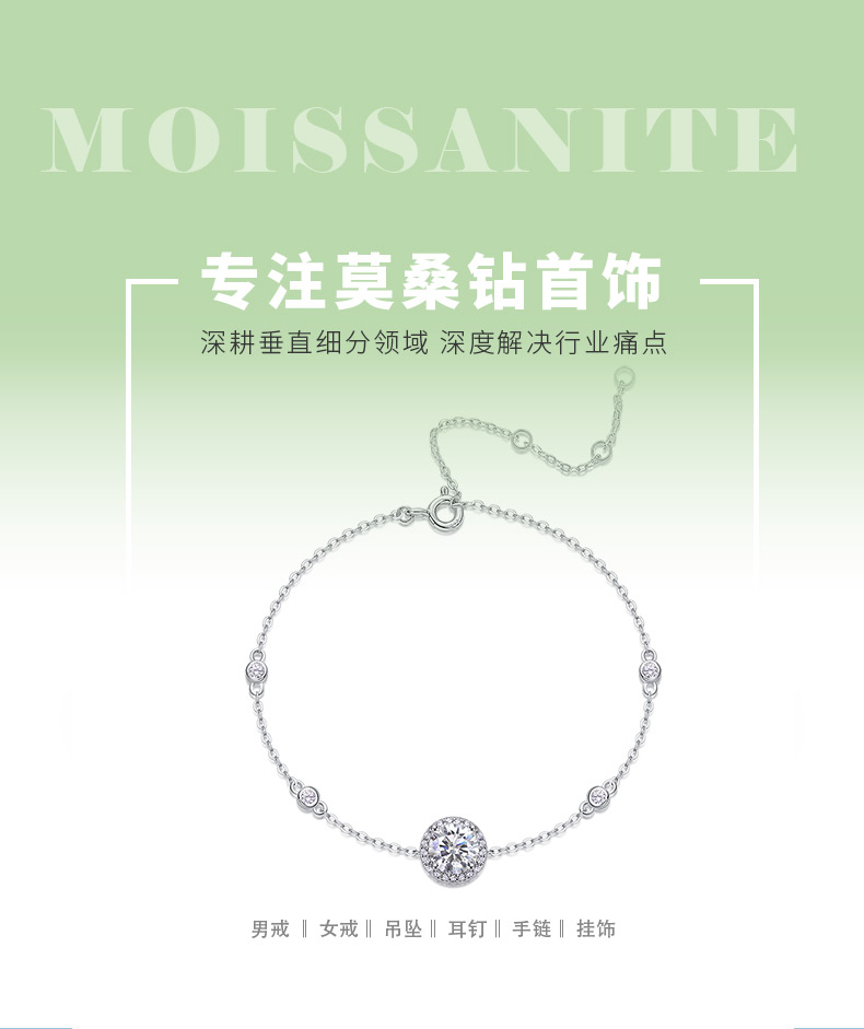 L13513款S925银镀18K白金圆形莫桑钻手链1.0CT - 1