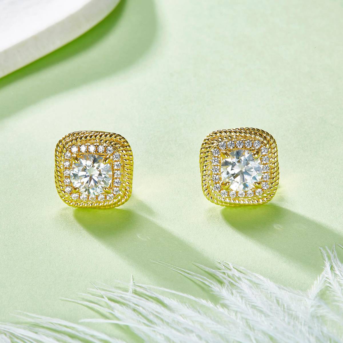 230315041款S925银镀18K黄金扭绳方小方糖圆形莫桑钻耳钉1.0CT/粒