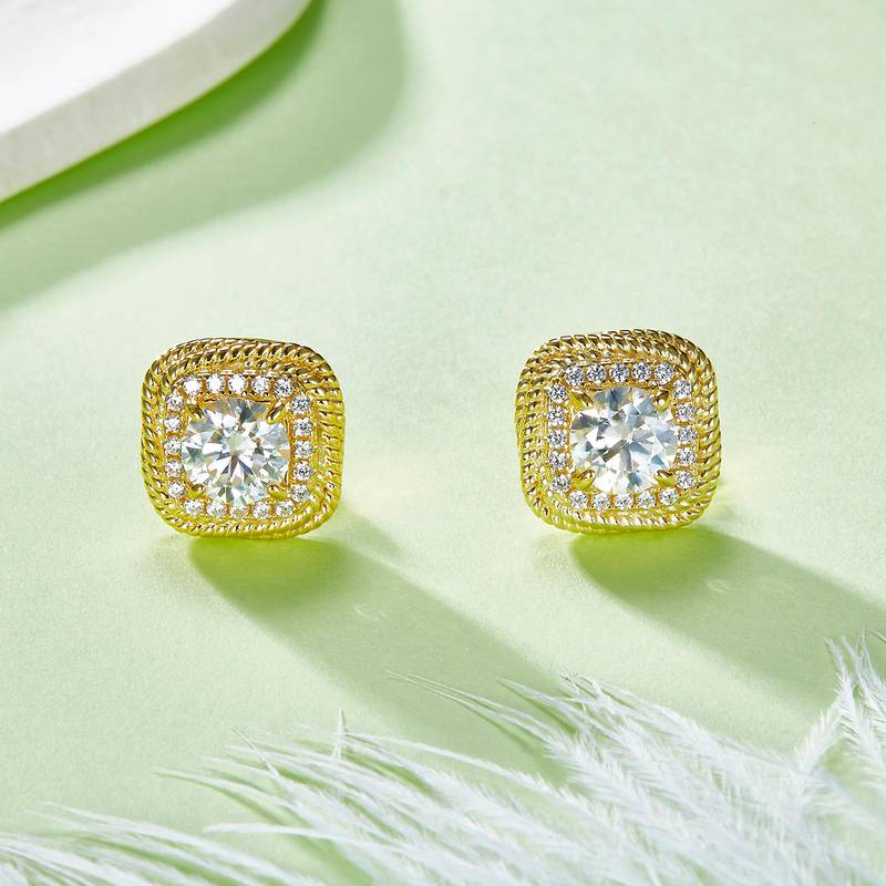 230315041款S925银镀18K黄金扭绳方小方糖圆形MoissaniteStud Earring1.0ct/粒