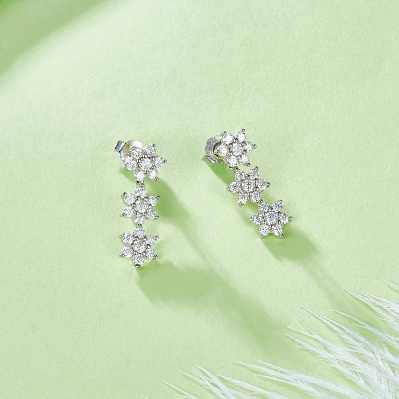 E47003款S925银镀18K白金小花后挂式MoissaniteStud Earring一款两戴0.72ct