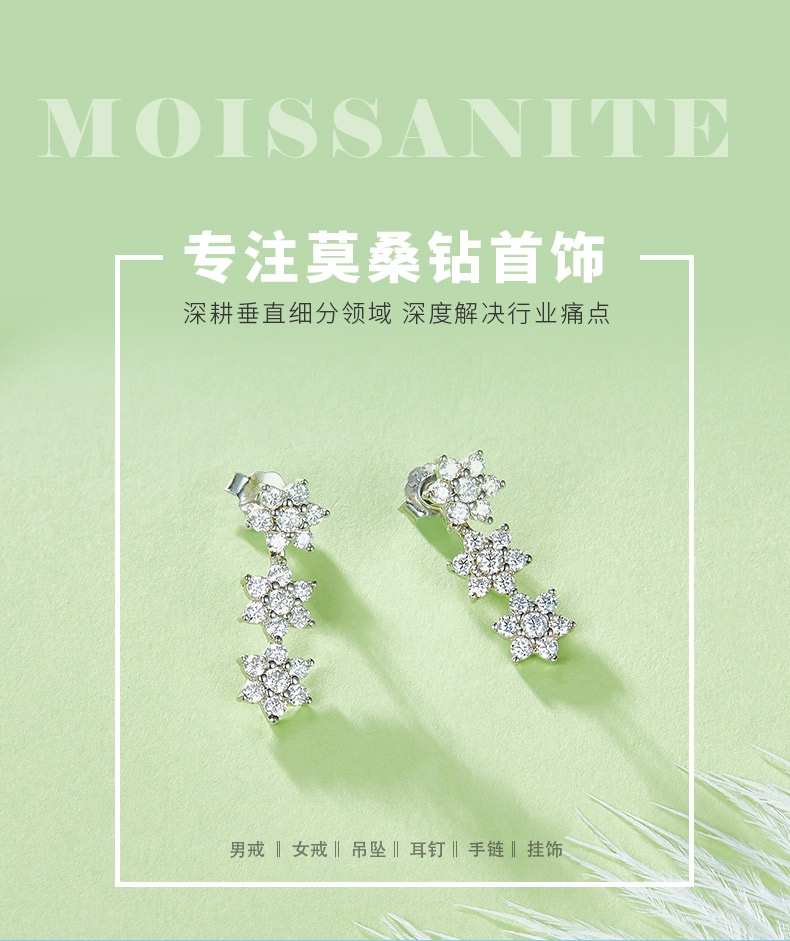 E47003款S925银镀18K白金小花后挂式莫桑钻耳钉一款两戴0.72ct - 1
