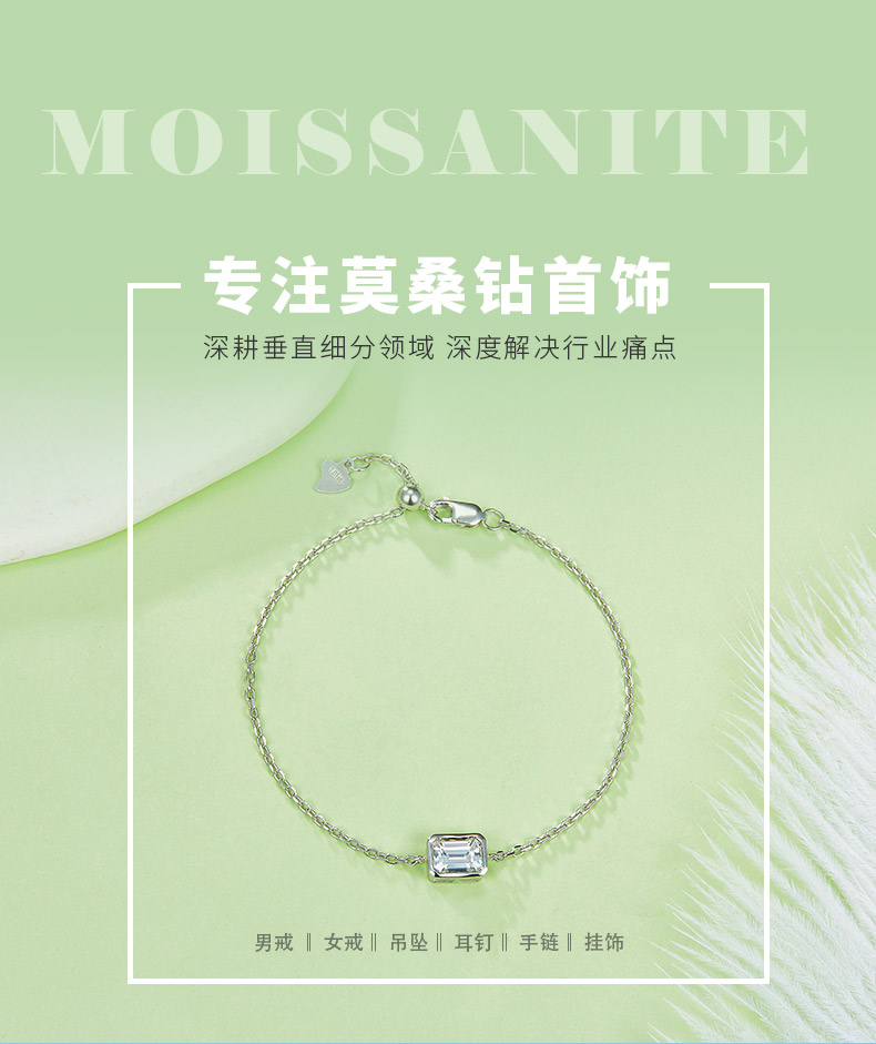 B002款S925银镀18K白金包镶祖母绿切割莫桑钻活动手链1.0CT - 1