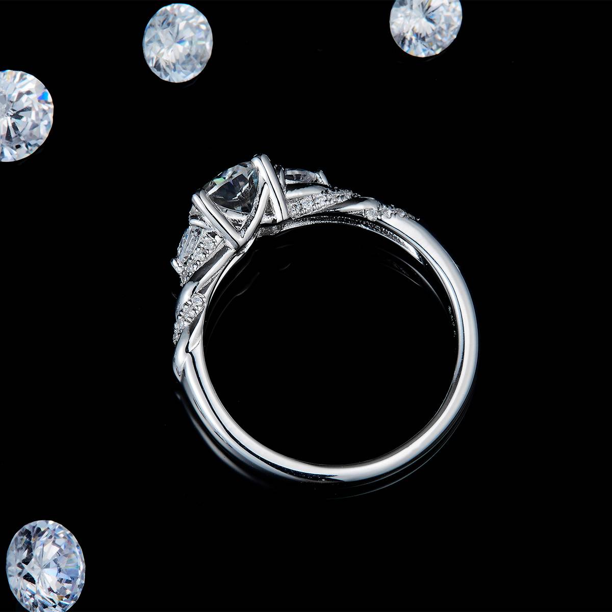 Twisted arm round bag women's ring S925 silver plated platinum custom selection main stone Moissanite 2.0ct/Side Stone Cubic Zirconia