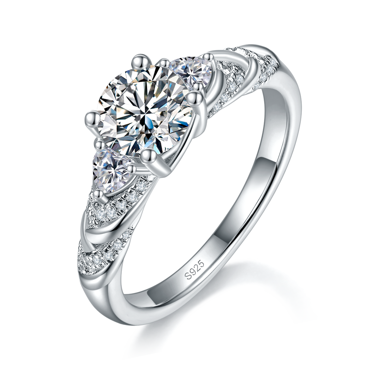 Twisted arm round bag women's ring S925 silver plated platinum custom selection main stone Moissanite 2.0ct/Side Stone Cubic Zirconia