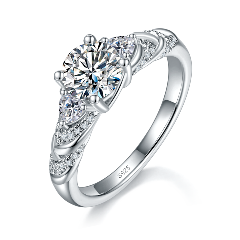 扭臂圆包女戒S925银镀白金定制选款主石莫桑钻2.0ct/副石高碳钻