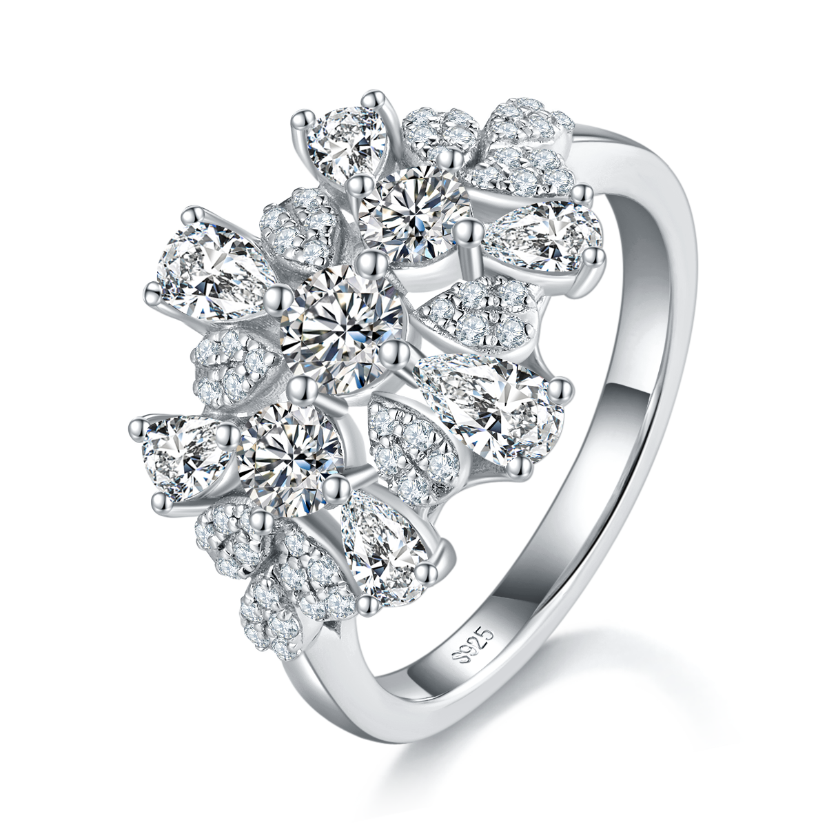 Light Luxury Full Diamond Three Stone Women's Ring S925 Silver Plated Platinum Customized Selection Main Stone Moissanite 0.7ct/Side Stone Cubic Zirconia
