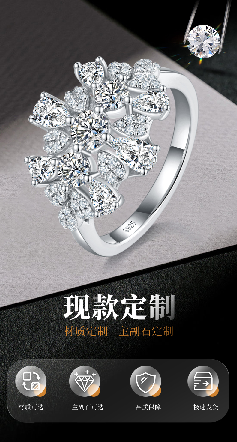 轻奢满钻三石款女戒S925银镀白金定制选款主石莫桑钻0.7ct/副石高碳钻 - 1