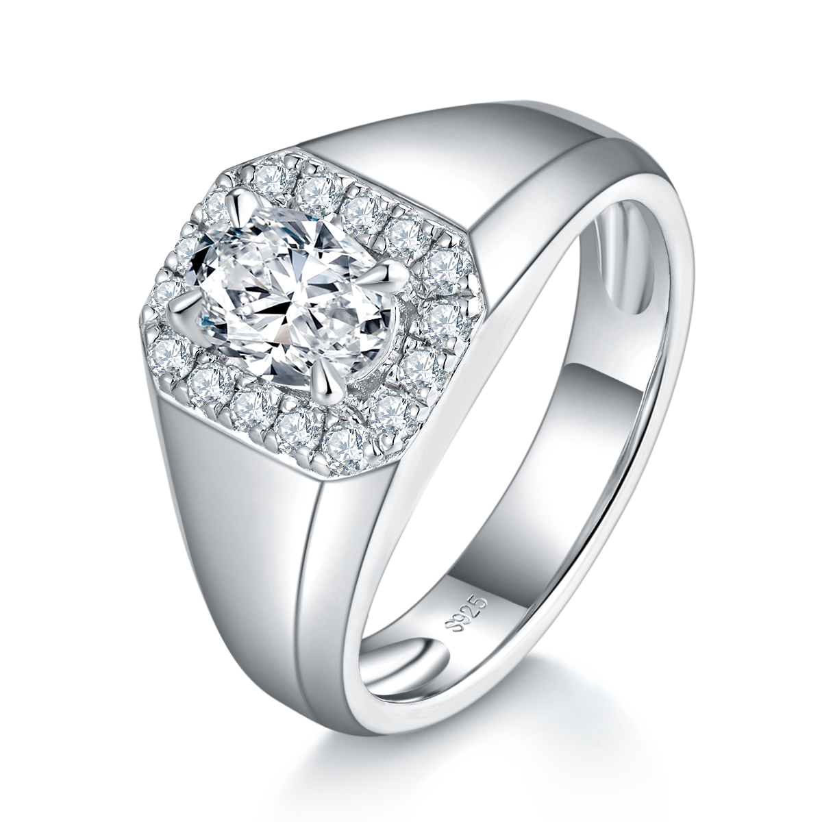 轻奢蛋形钻男戒S925银镀白金定制选款主石莫桑钻1.0ct/副石高碳钻