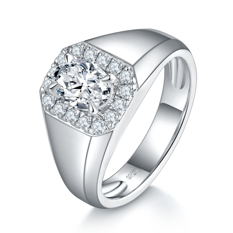 轻奢蛋形钻男戒S925银镀白金定制选款主石莫桑钻1.0ct/副石高碳钻