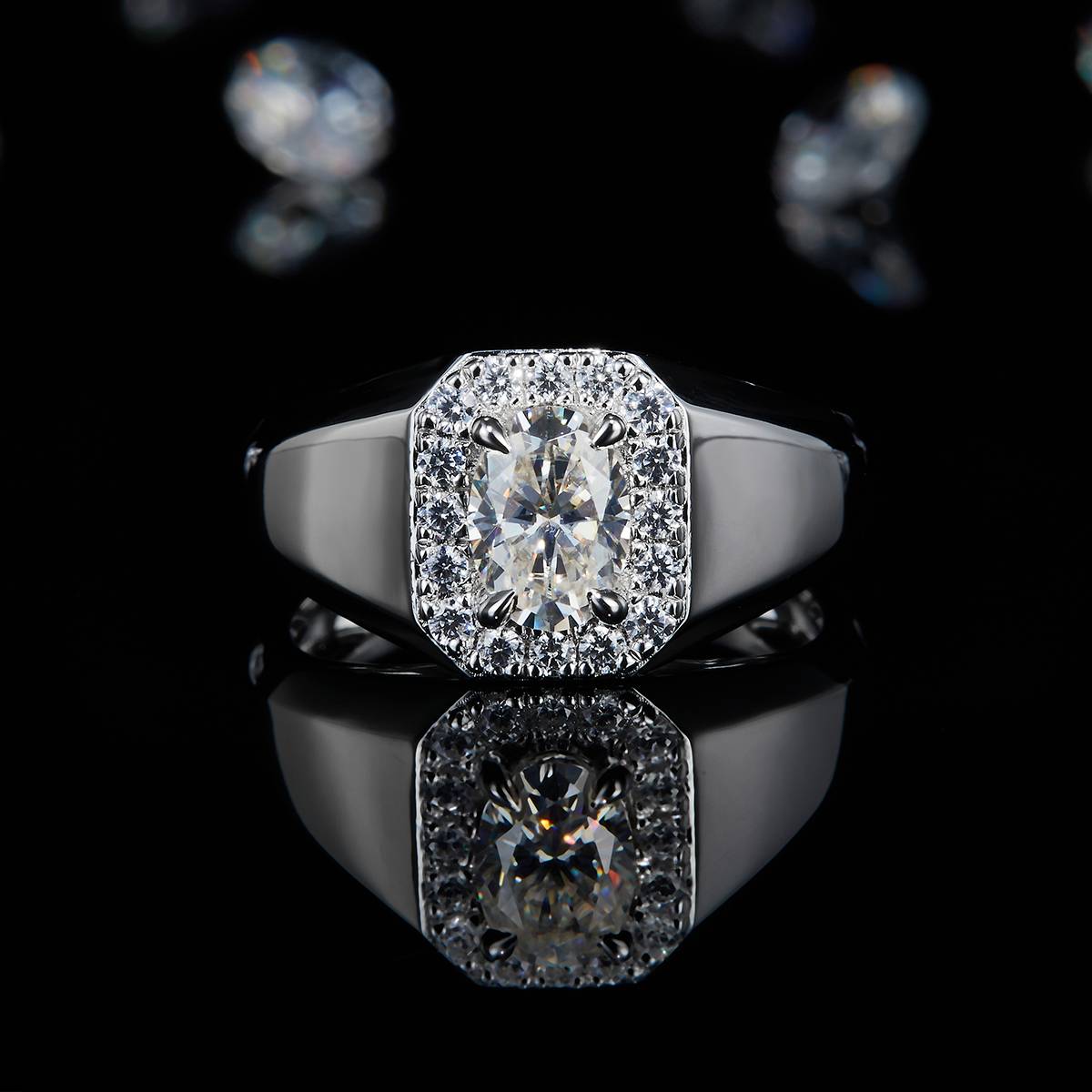 轻奢蛋形钻男戒S925银镀白金定制选款主石莫桑钻1.0ct/副石高碳钻