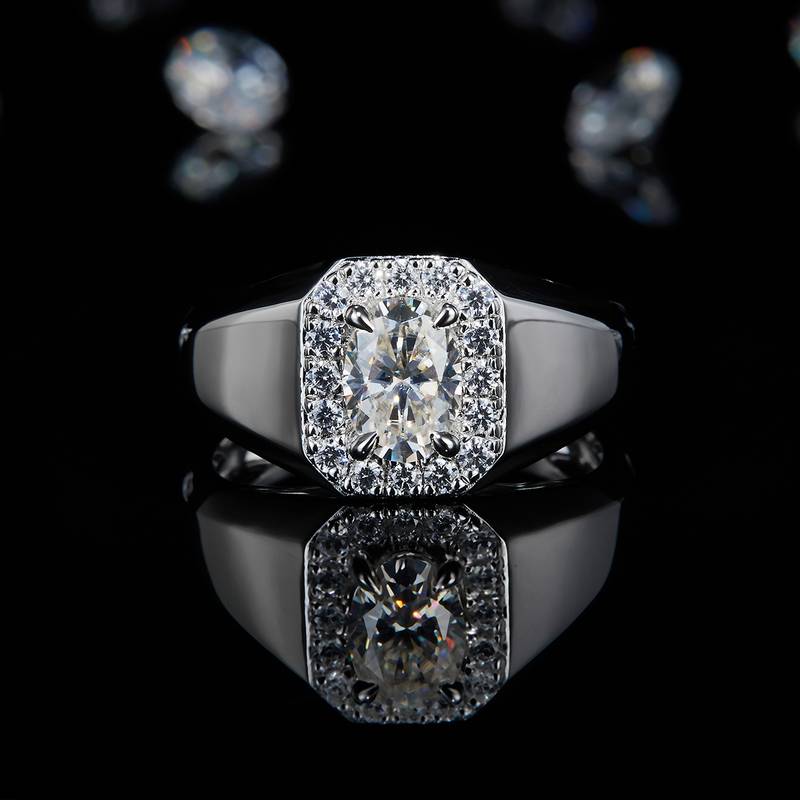 轻奢蛋形钻男戒S925银镀白金定制选款主石莫桑钻1.0ct/副石高碳钻